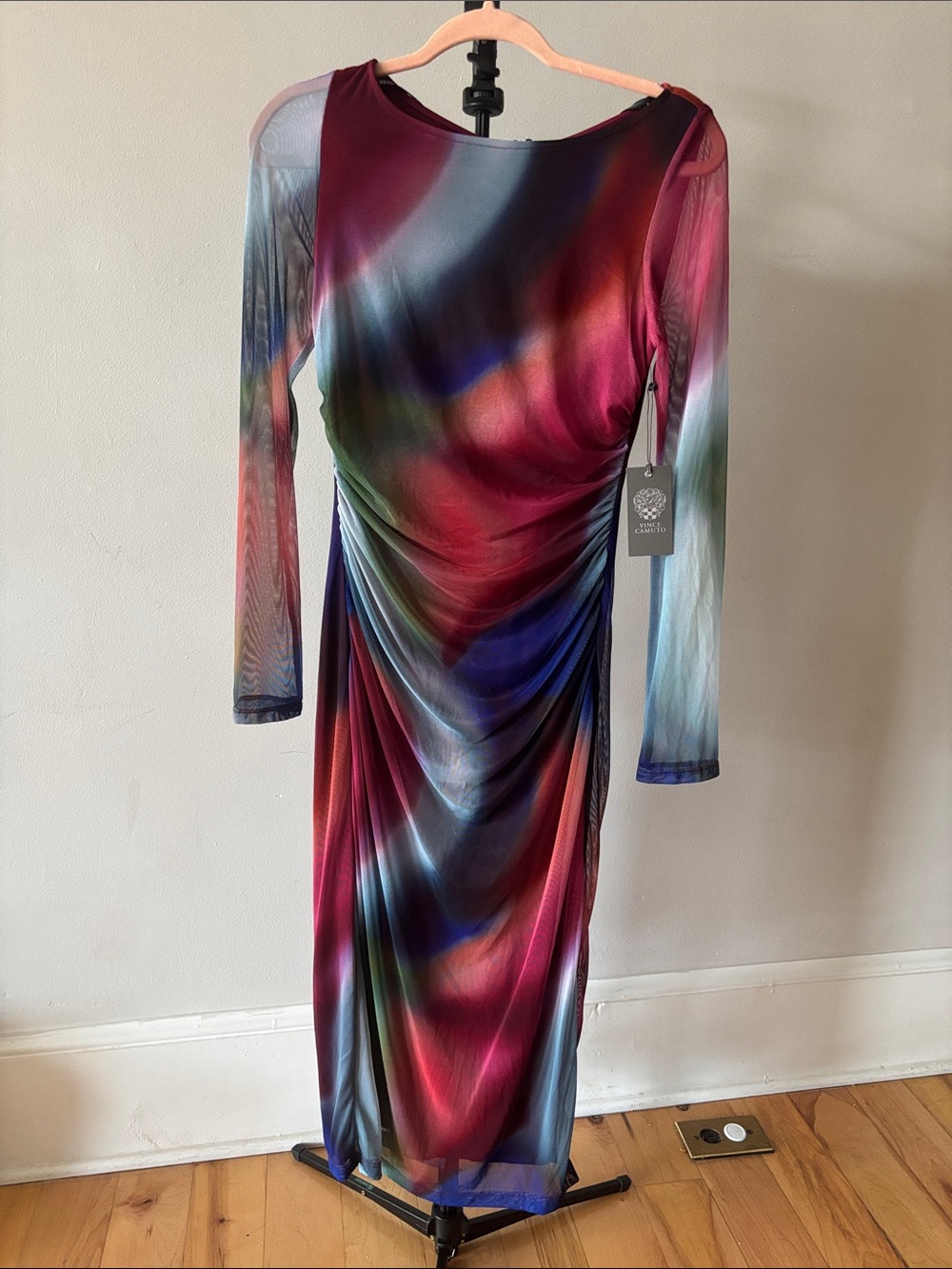 Vince Camuto Multicolor Sheer-Sleeve Ruched Dress